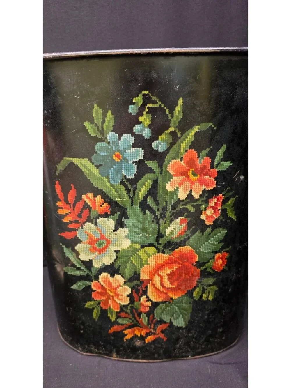 RARE Vintage Harvell MCM Metal Wastebasket Faux NEEDLEPOINT Floral Cottagecore